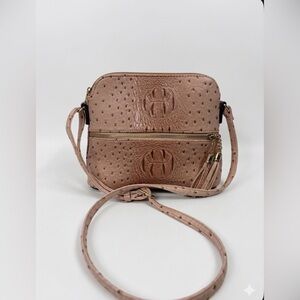 Faux Ostrich & Croc Embossed Crossbody Bag with Tassel - Blush Peach
